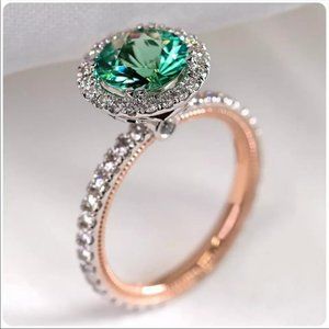 New Two Tone 925 Silver Women Emerald Round Ring